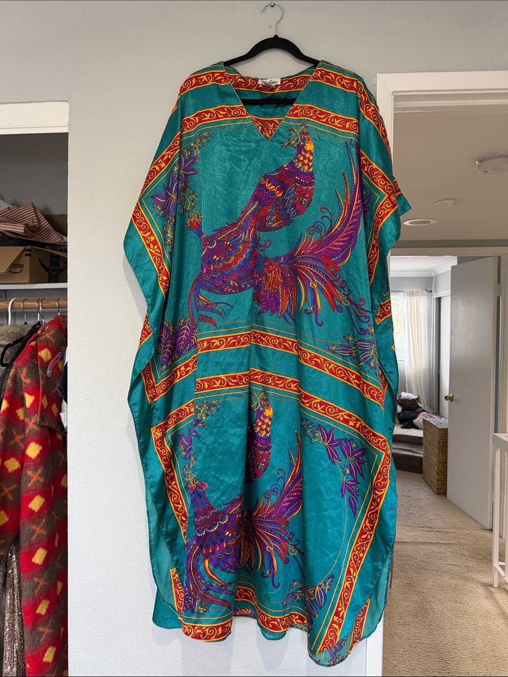 Vintage Teal Peacock Print Maxi Kaftan Dress